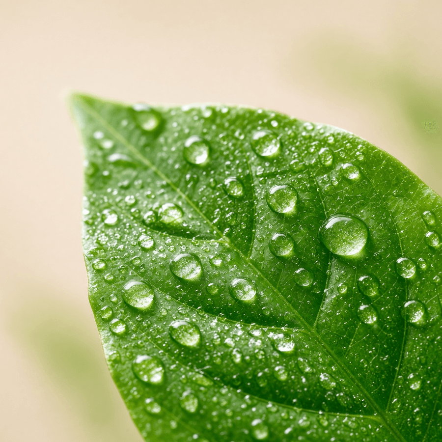 Macro botanical leaf with water droplets, illustrative ingredient mood