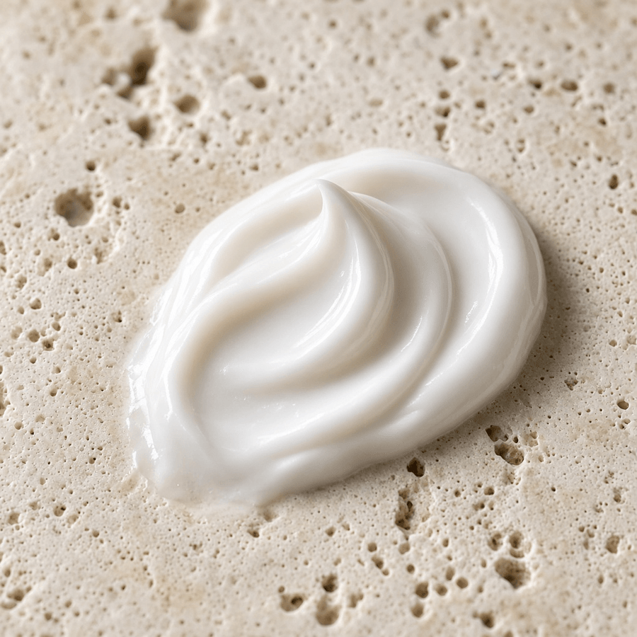 White skincare cream texture swirl on stone, illustrative macro