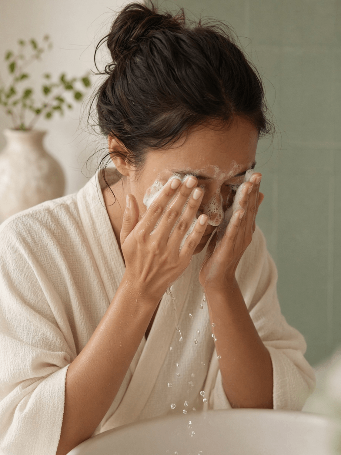 Illustrative daily face cleansing moment with gentle lather and water, no branded packaging