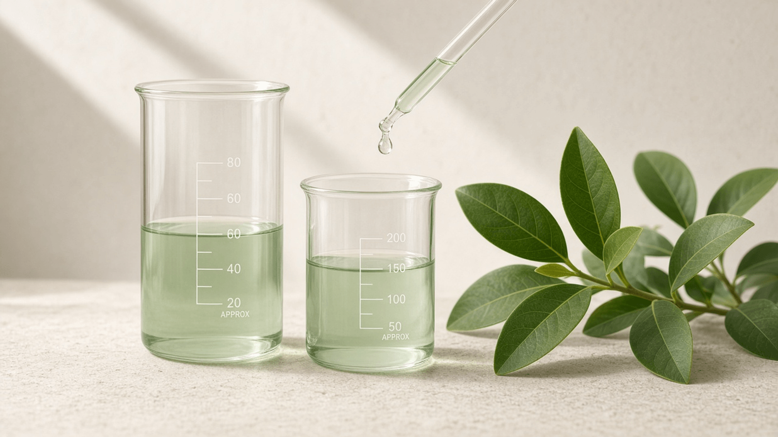 Illustrative skincare science scene with laboratory glassware and a botanical leaf in soft natural light