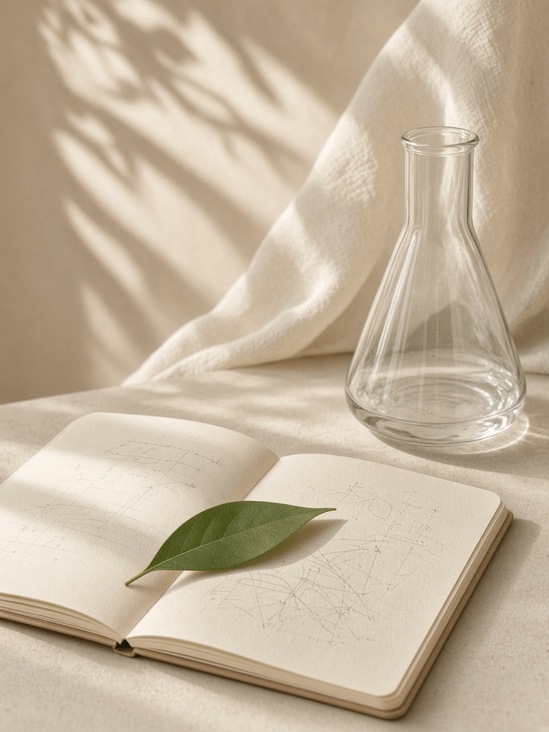 Illustrative formulation mood with notebook, glassware and botanical elements on a chemist's bench